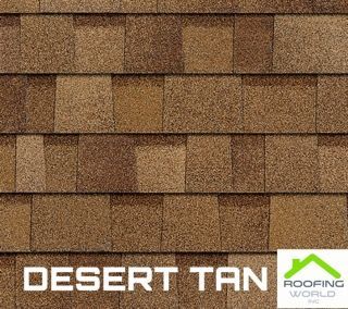 Desert tan shingle roofing sample with “Roofing World” logo
