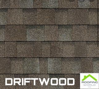Brown roof shingles with “DRIFTWOOD” and Roofing World logo at the bottom
