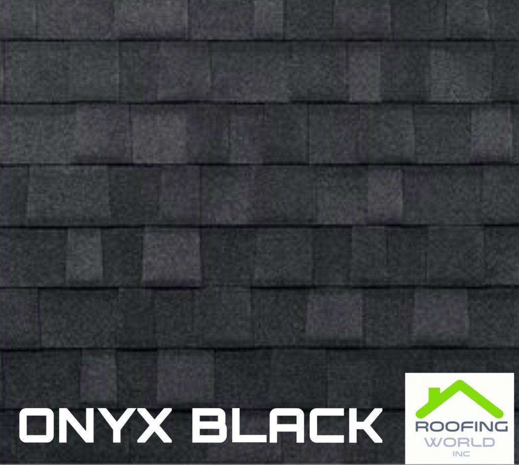 Dark gray roof shingles with “ONYX BLACK” text and Roofing World logo.