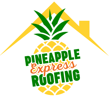 Pineapple Express Roofing logo with a yellow pineapple roof and green text on white background