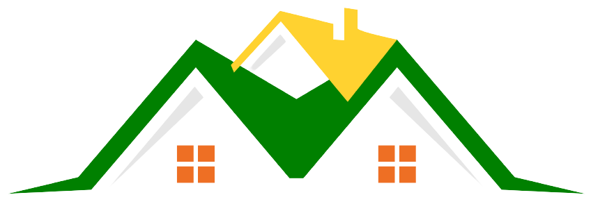 Stylized house roof logo with green and yellow peaks and orange windows