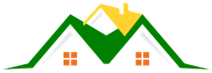 Stylized house roof logo with green and yellow peaks and orange windows