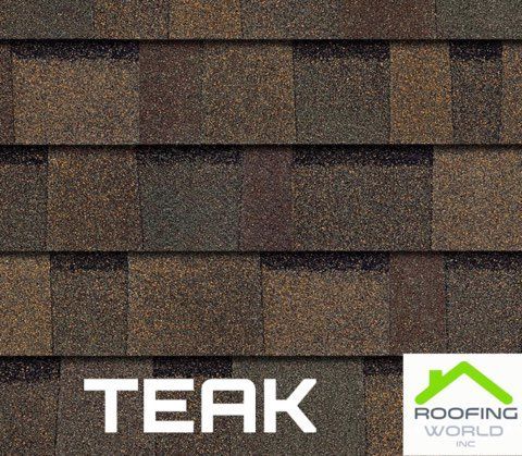 Brown roof shingles with “TEAK” and a Roofing World logo at the bottom