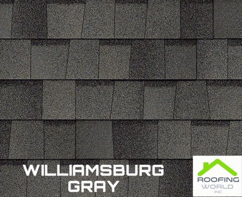 Dark gray roof shingles labeled “WILLIAMSBURG GRAY” with the Roofing World logo.