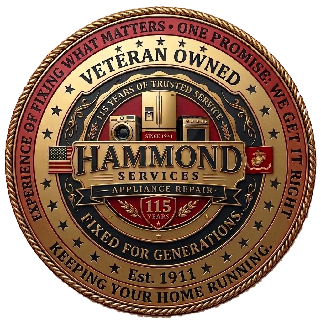 Round Hammond Services vintage logo with tan, navy, and red text: “Veteran Owned,” “Since 1911,” “Keeping Your Home Running”