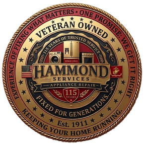 Round Hammond Services vintage logo with tan, navy, and red text: “Veteran Owned,” “Since 1911,” “Keeping Your Home Running”