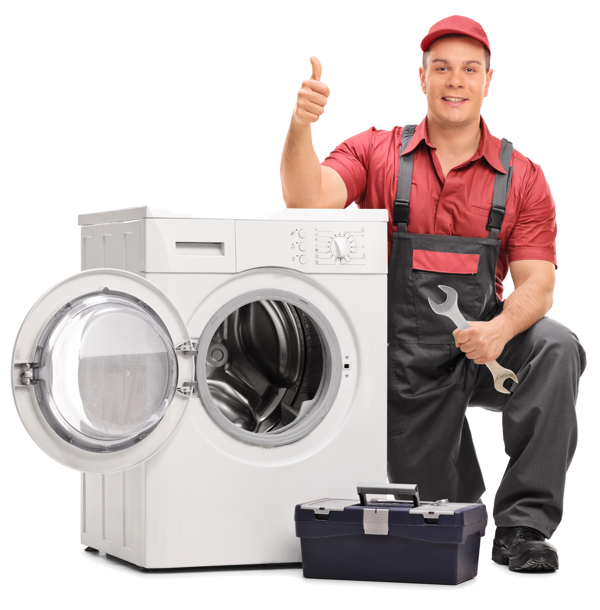 Appliance repair technician kneeling by washing machine, holding wrench, giving thumbs up.
