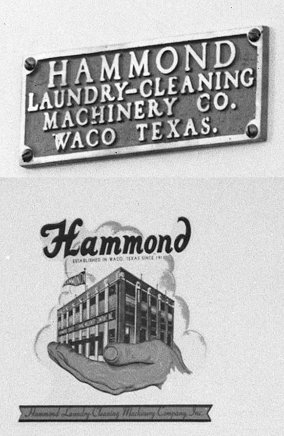 Two logos: a metal sign for Hammond Laundry-Cleaning Machinery Co., Waco, Texas, and a graphic of a building in a hand.