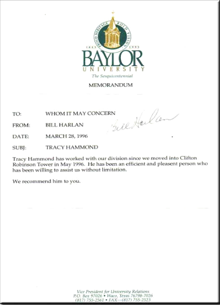 Memorandum from Baylor University; recommends Stacy Hammond.