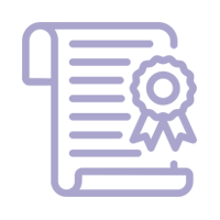 Un ícono morado de un certificado con una cinta.