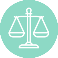 Un dibujo lineal de una escala de justicia en un círculo verde.