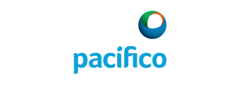 Un logotipo azul y verde para Pacífico sobre un fondo blanco.