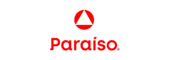 Un logotipo de Paraíso rojo y blanco sobre un fondo blanco.