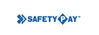 Un logotipo azul para Safety Pay sobre un fondo blanco.