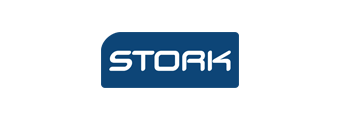 Un logotipo de Stork azul y blanco sobre un fondo blanco.
