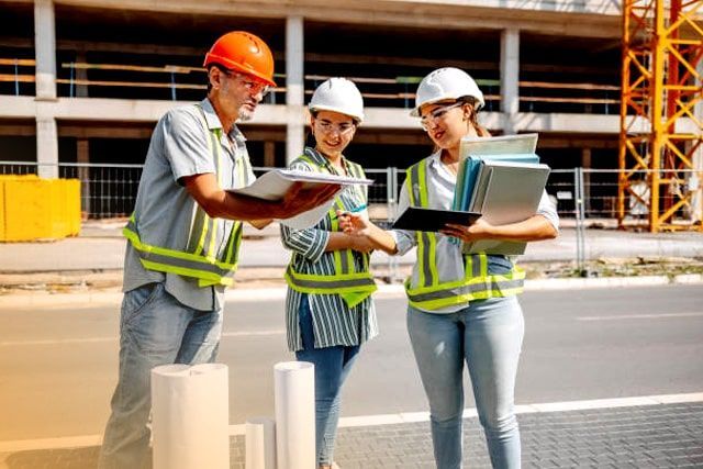 Un grupo de trabajadores de la construcción está parado frente a un edificio en construcción.