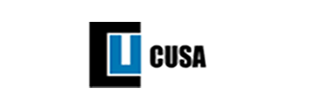 Un logotipo negro y azul para Cusa sobre un fondo blanco.