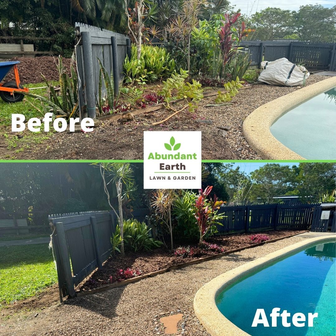 Before-and-after poolside garden makeover with trimmed plants, mulch, and a cleaner curved pool edge