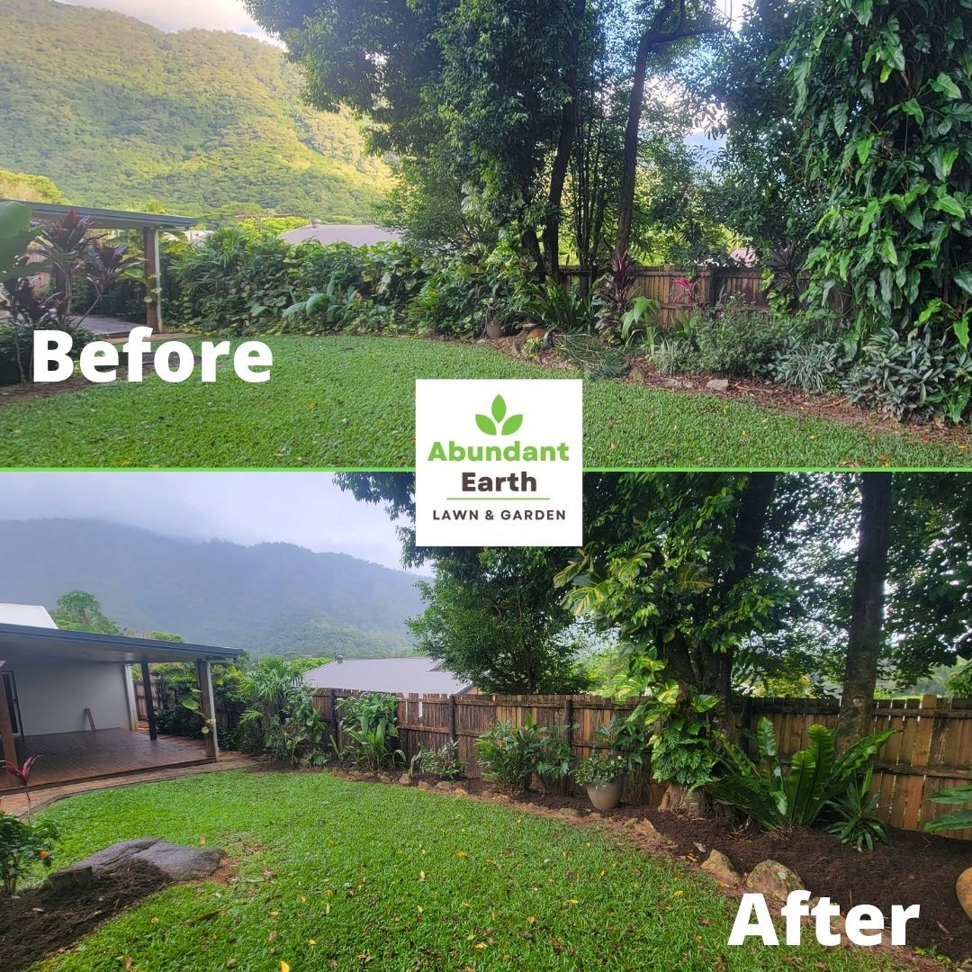 Before-and-after of a lush garden makeover with greener lawn, trees, and mountain backdrop