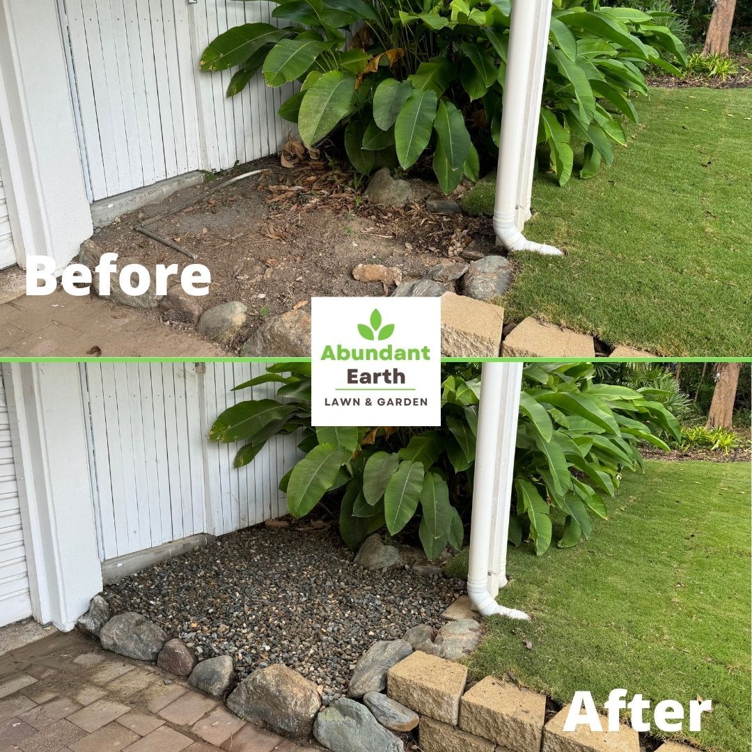 Before-and-after of a garden bed cleanup with white fence, rocks, and new edging beside green lawn