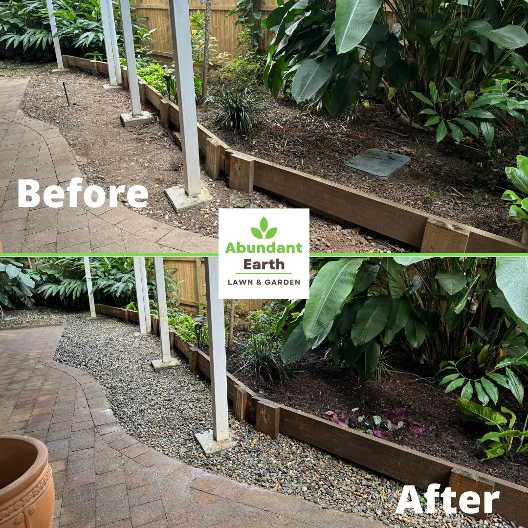 Before-and-after view of a garden path renovation with new edging, gravel, and tropical plants.