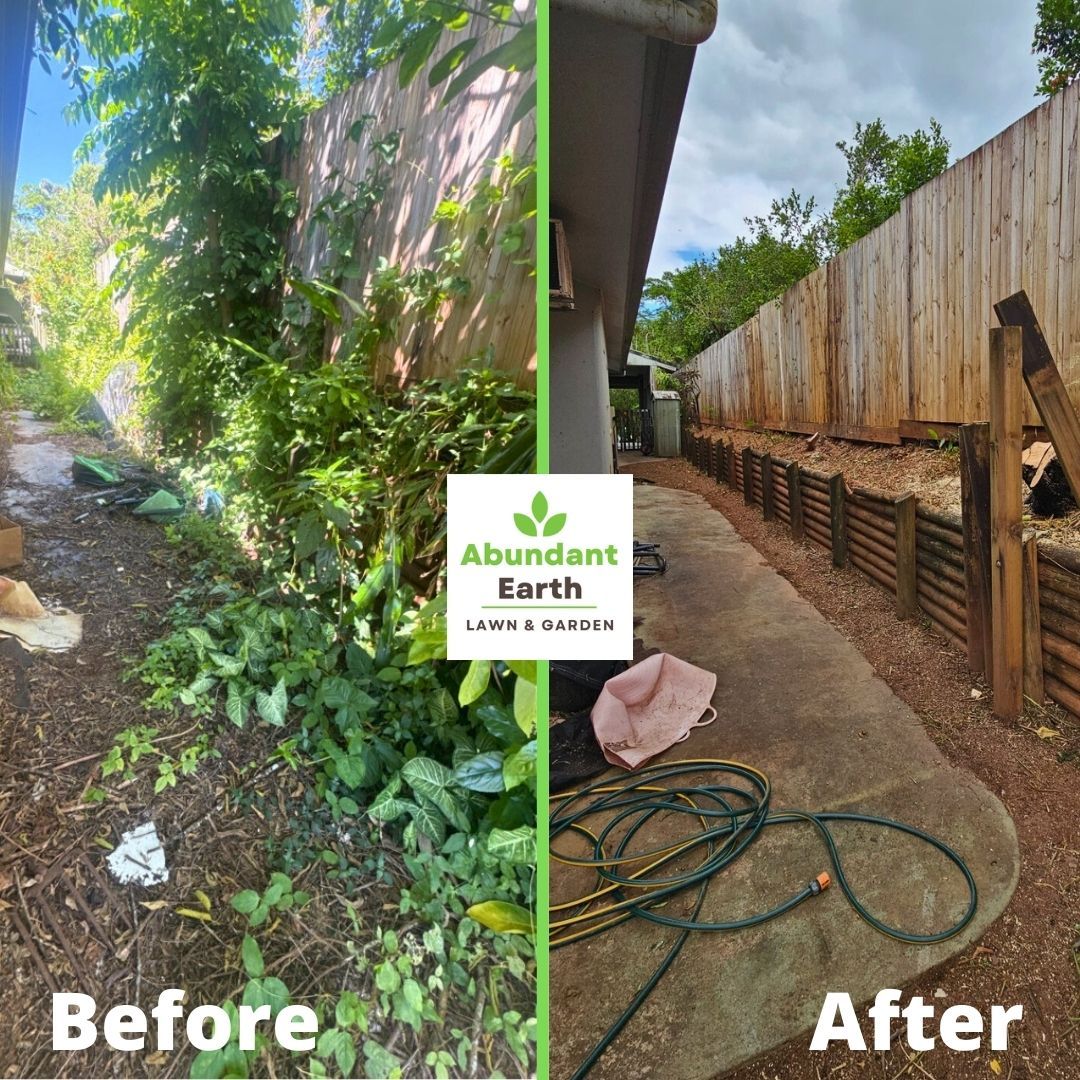 Garden path and fence cleanup before-and-after comparison with lush overgrowth on the left and cleared area on the right
