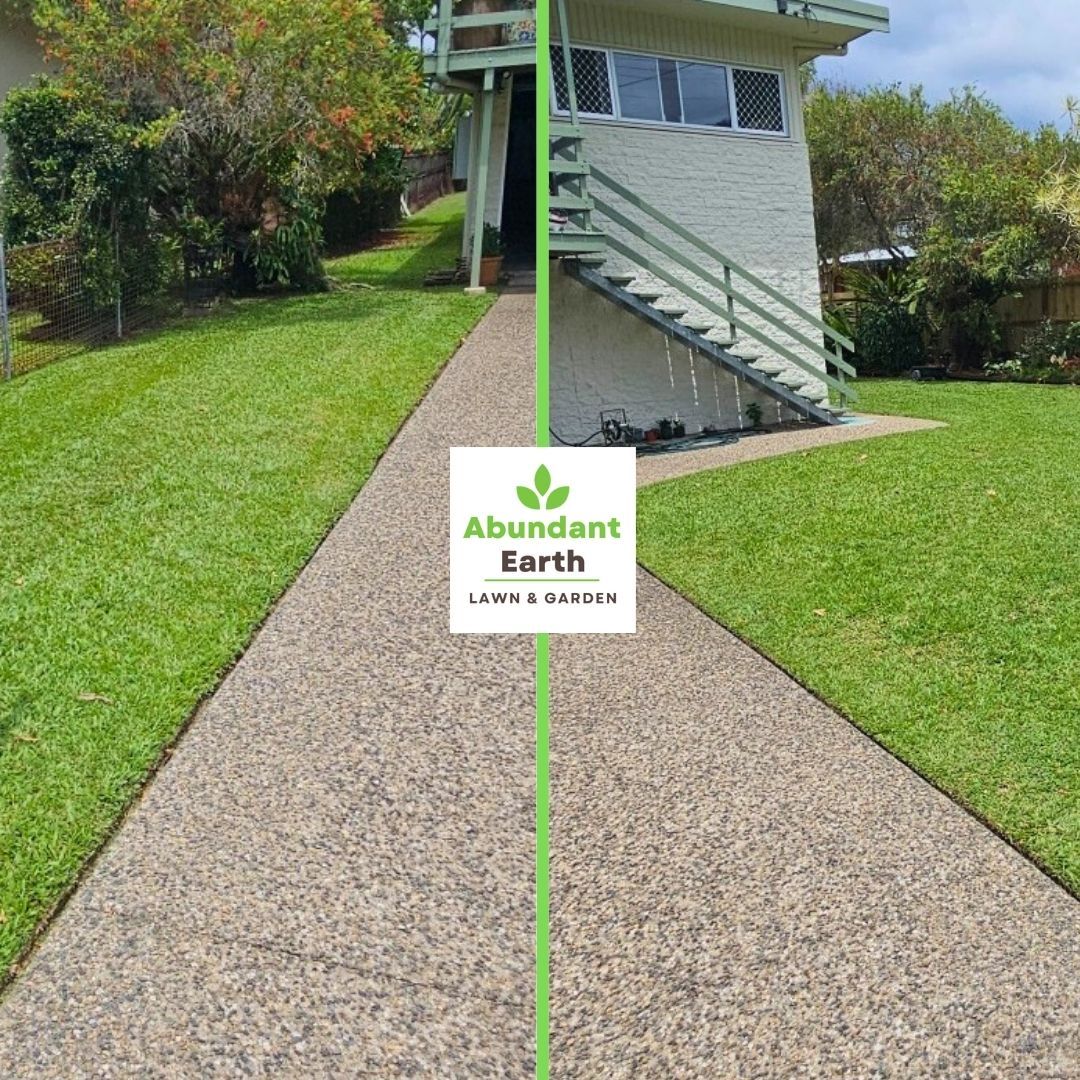 Side-by-side lawn care before-and-after: overgrown grass beside a neat, edged green lawn and pebble path.