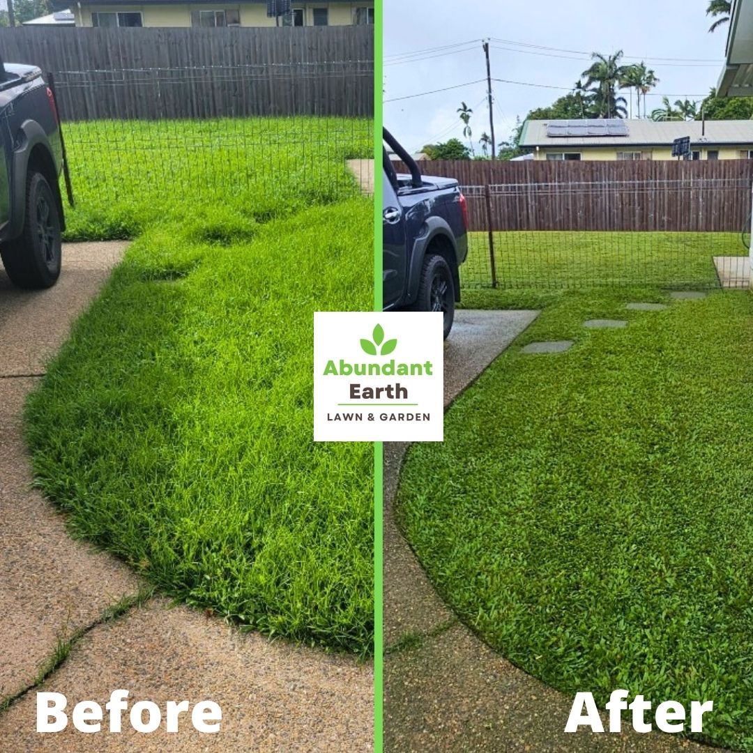 Before-and-after lawn edging: overgrown grass trimmed into a neat curve beside a driveway and fence.