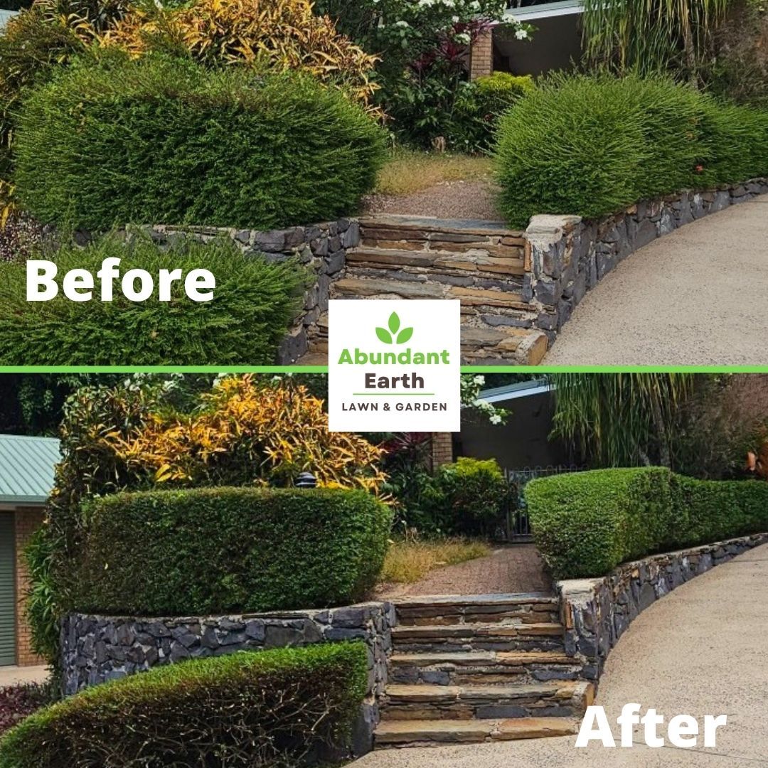 Before-and-after of a landscaped front yard with trimmed hedges, stone steps, and a cleaned retaining wall.