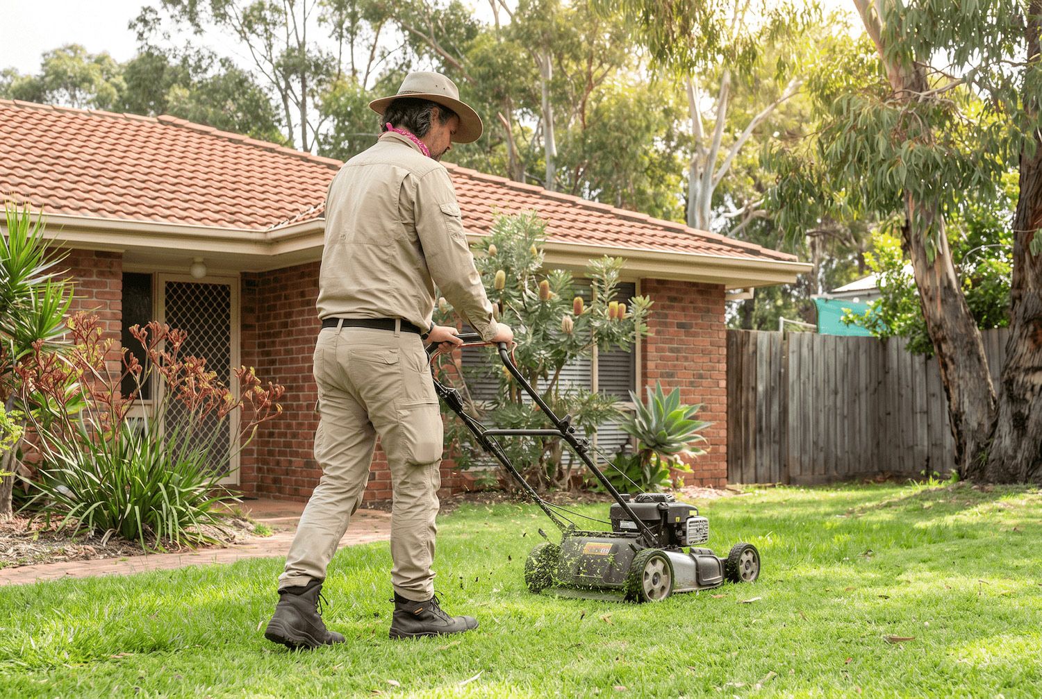 Person mowing a green lawn beside a brick house and garden beds