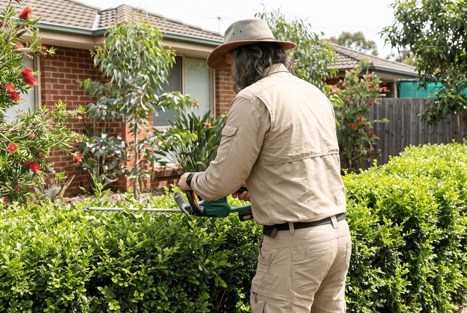 Gardener trimming a hedge in a leafy suburban yard beside a brick house