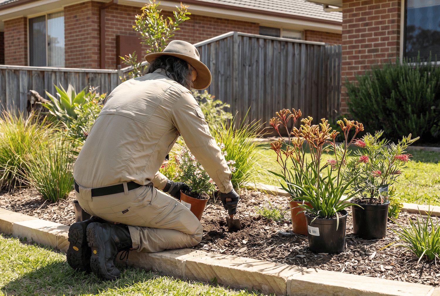 Gardener kneeling by a flower bed, planting shrubs in a sunny suburban yard with a fence and house behind.