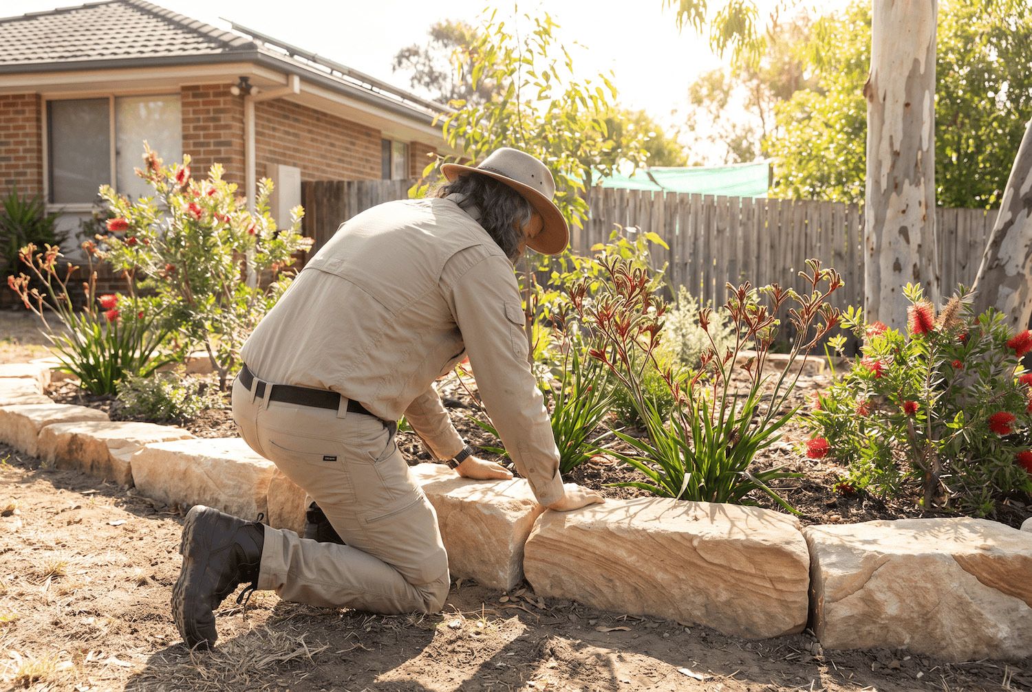 Gardener kneeling to place stone edging around a flower bed in a sunlit backyard