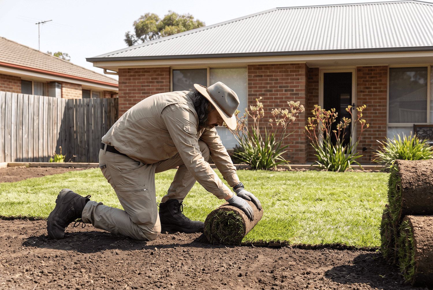 Gardener kneeling on lawn, planting or rolling turf in a suburban backyard