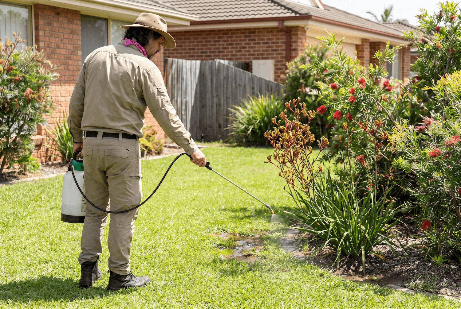 Person spraying a green lawn beside a brick house and wooden fence