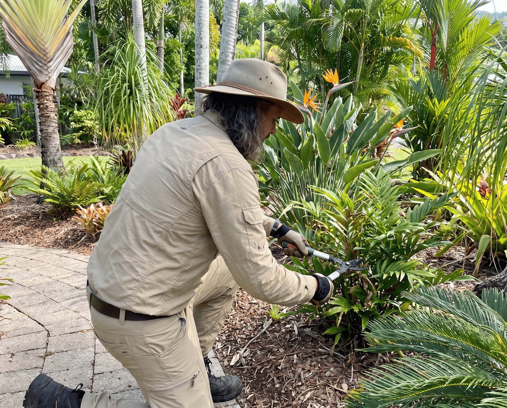 Gardener in beige clothes pruning a tropical shrub in a lush garden path