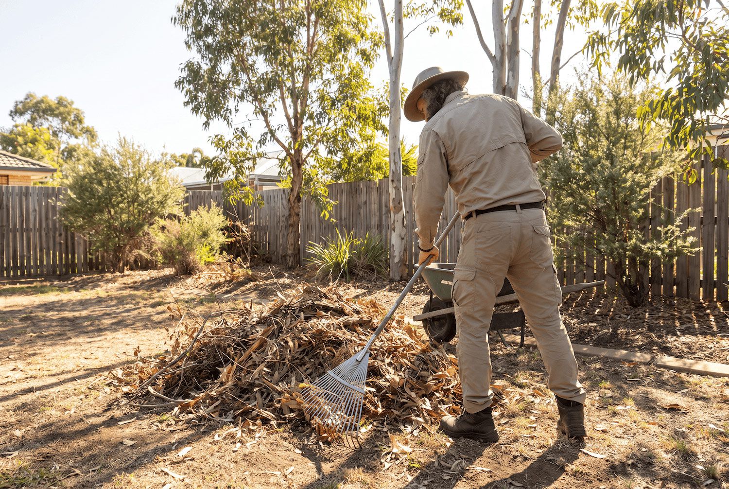 Person raking dry leaves in a sunny backyard with trees and a wooden fence