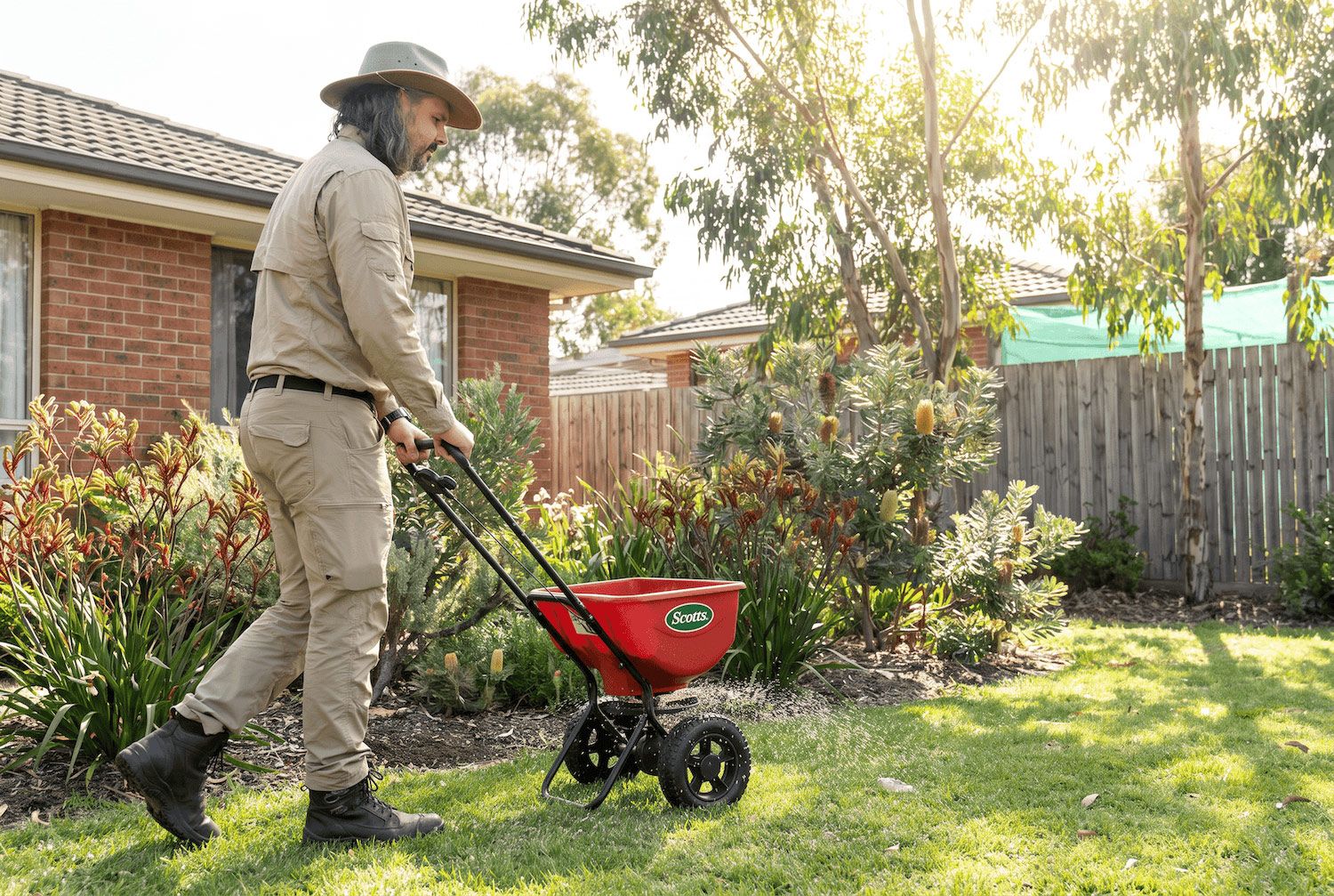 Person using a wheelbarrow spreader in a sunny backyard near a brick house and fence