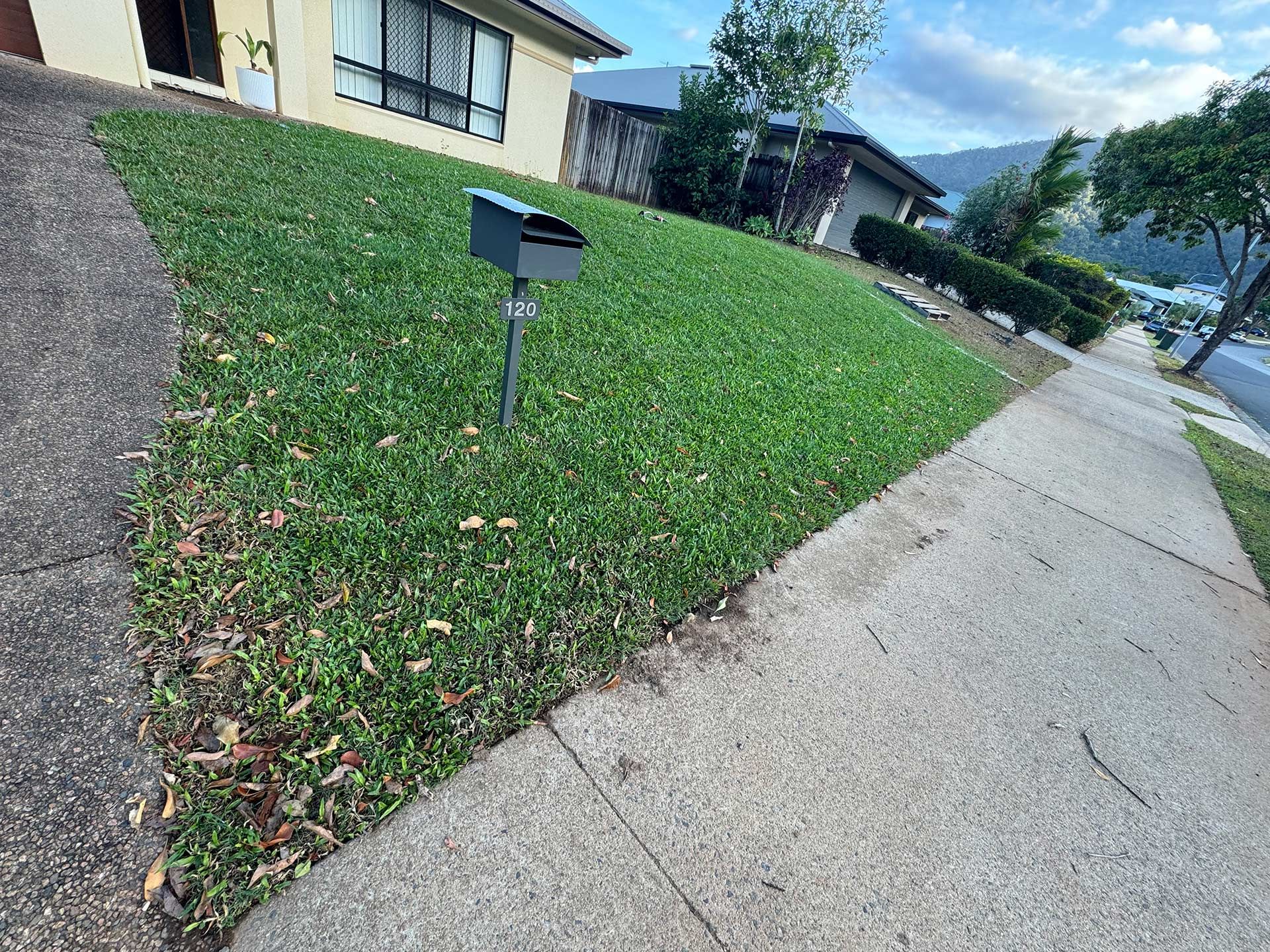 Sidewalk beside a sloped grassy yard with a mailbox in front of a yellow house, near a quiet street.