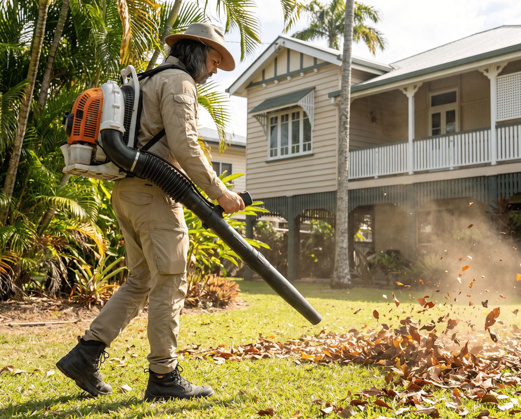 Worker using a leaf blower to clear fallen leaves in a tropical yard beside a house