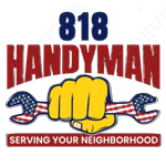 818 Handyman logo with a yellow fist holding an American flag and "Serving Your Neighborhood" text