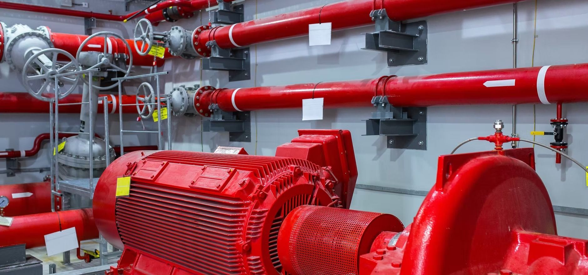 Red industrial pump and red pipes in a mechanical room with metal equipment and valves.