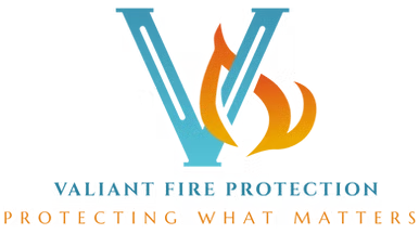 Valiant Fire Protection logo with blue V and orange flame, tagline: “Protecting What Matters”