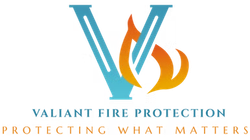 Valiant Fire Protection logo with blue V and orange flame, tagline: &ldquo;Protecting What Matters&rdquo;