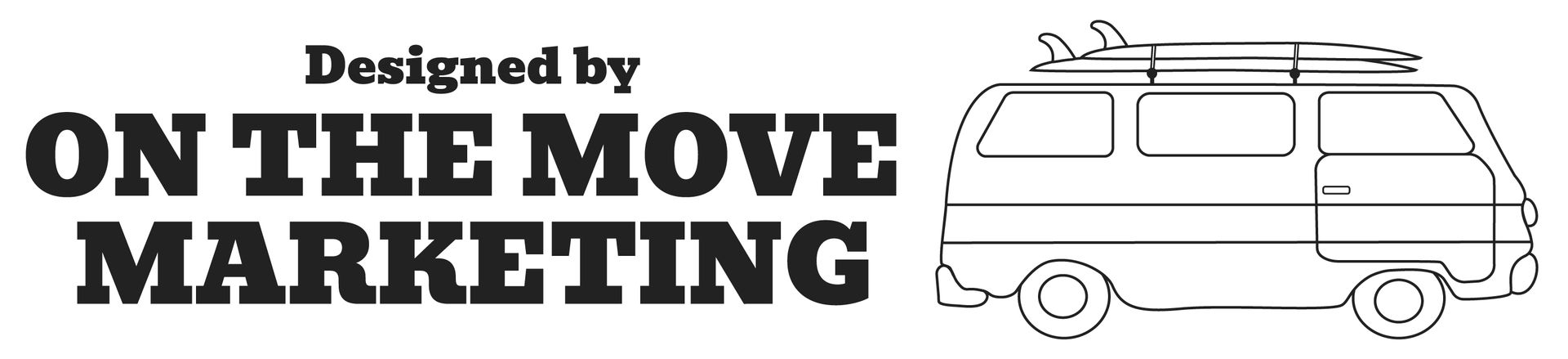Logo reading “ON THE MOVE MARKETING” with a white van graphic and small “Designed by” text above.