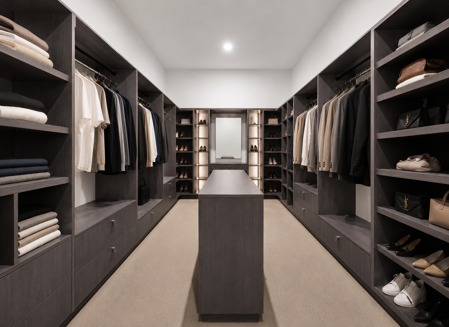 Walk-in closet with dark wood shelving, hanging clothes, and a central island under bright ceiling lights