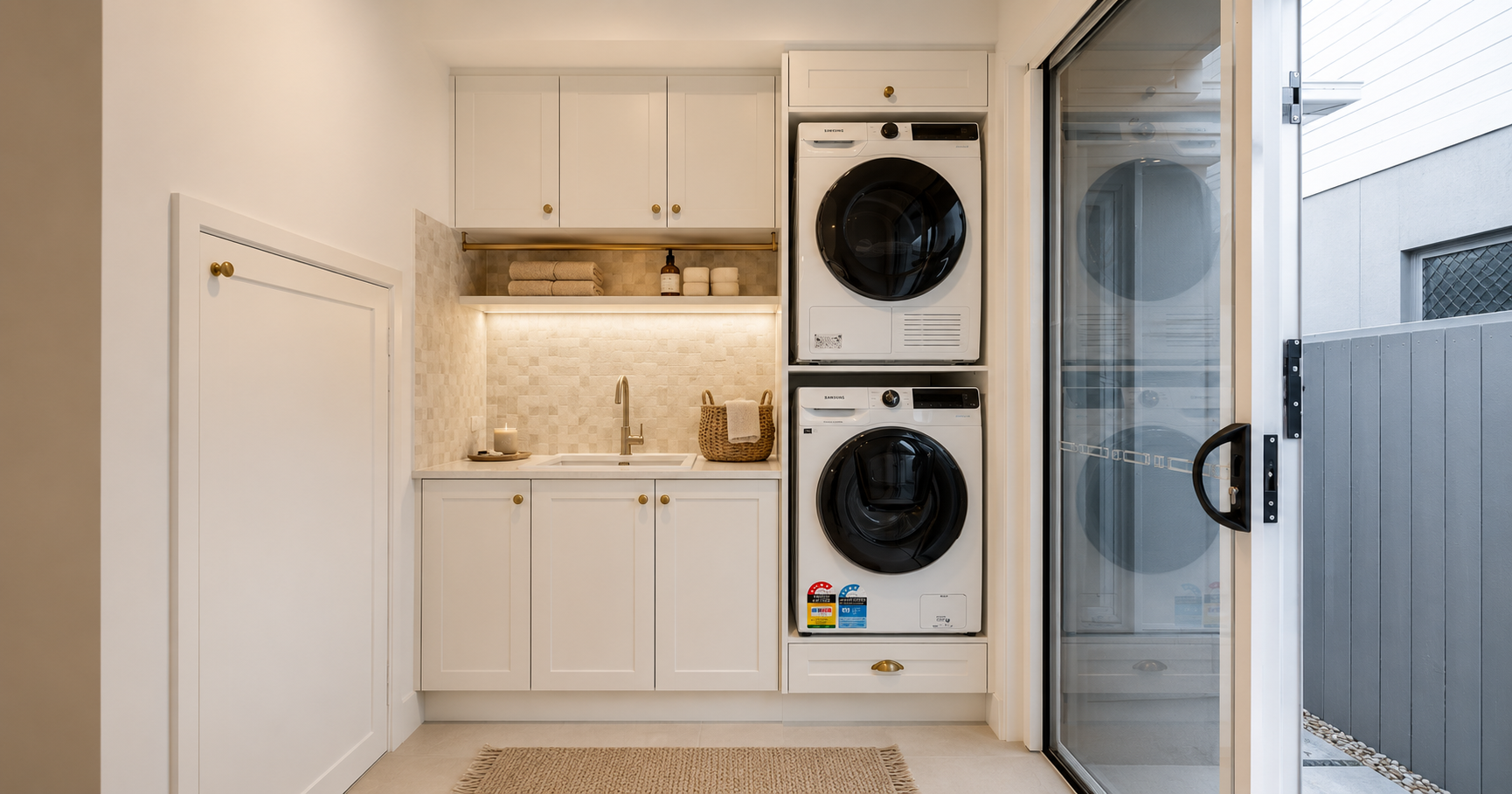 Laundry nook with stacked washer and dryer in a bright white utility room beside a glass door.