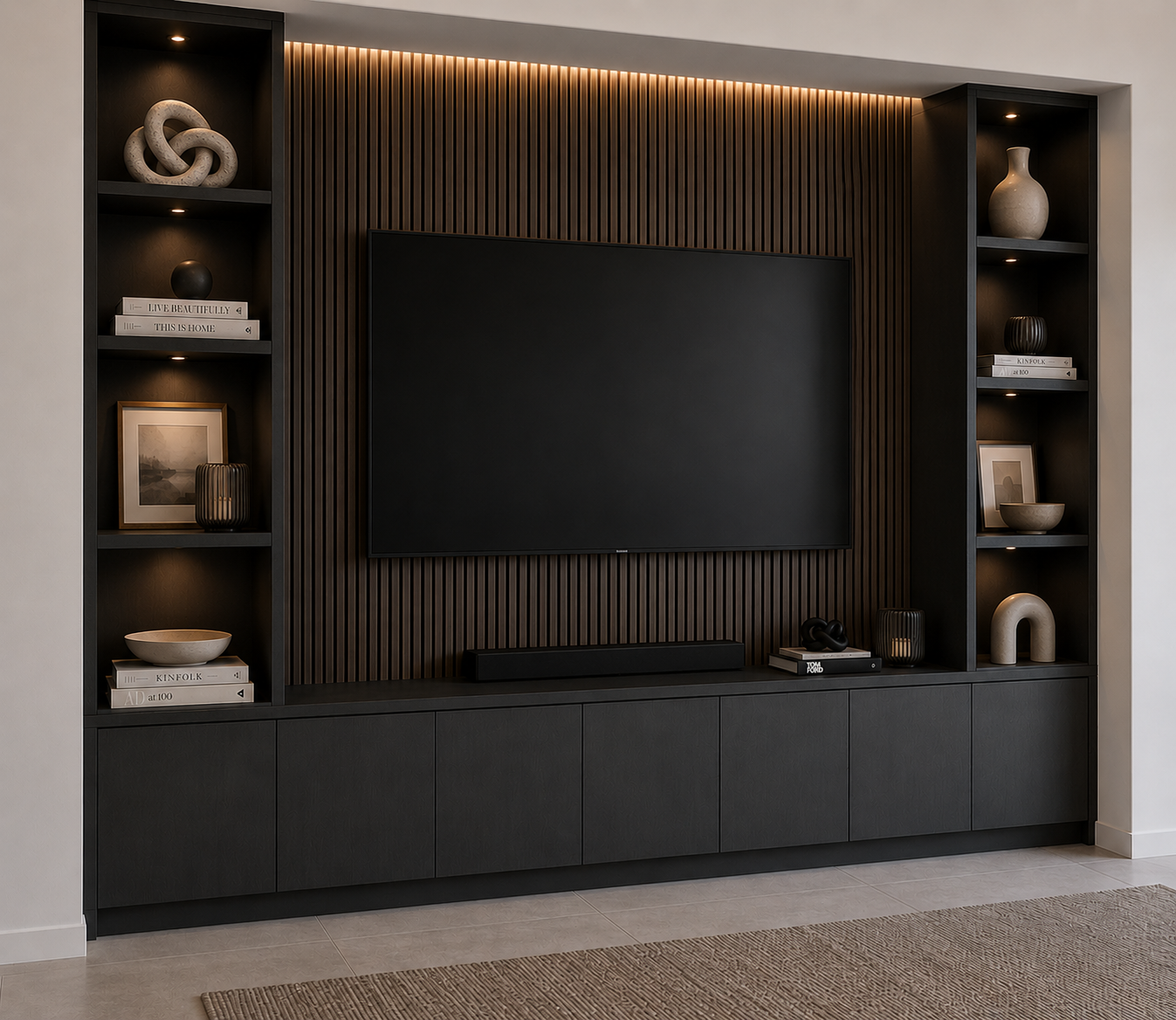 Modern built-in media wall with TV, dark wood slats, open shelves, and black storage cabinets