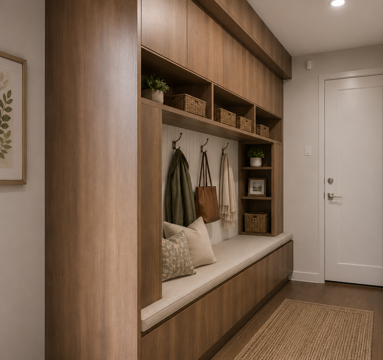 Modern wood entryway with built-in bench, coat hooks, shelves, and a closed white door