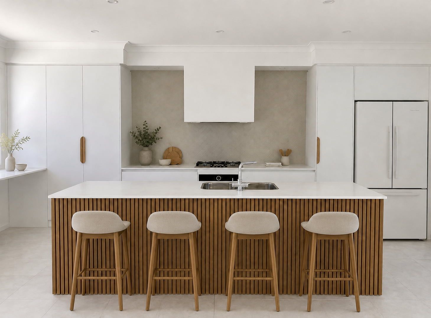 Modern white kitchen with wood island and four stools, minimalist design.